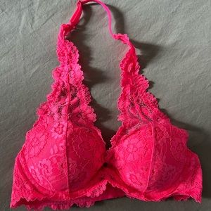Hot pink, neon pink lace underwire push up halter top bralette adjustable neck